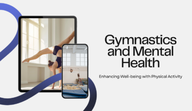 An illustration depicting the intertwining of gymnastics and mental health awareness, showcasing athletes in various gymnastic poses surrounded by symbols of mental well-being and support.