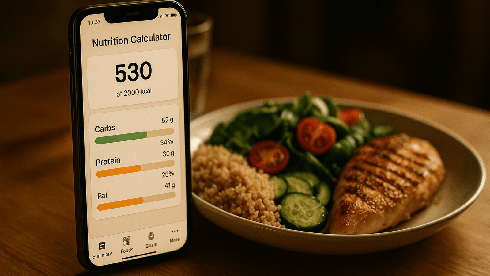 Digital nutrition calculator for food showing calorie and macronutrient values on a smartphone beside a meal