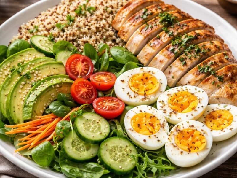 high protein foods for muscle growth including chicken eggs and fish